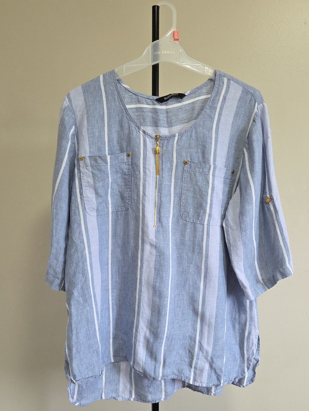 Ellen Tracy 100% Linen Light Blue and White Striped Button-Detail Casual Shirt